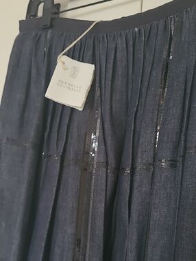 Brunello Cucinelli Dark Navy Pleated Skirt with Sequin Stripes
